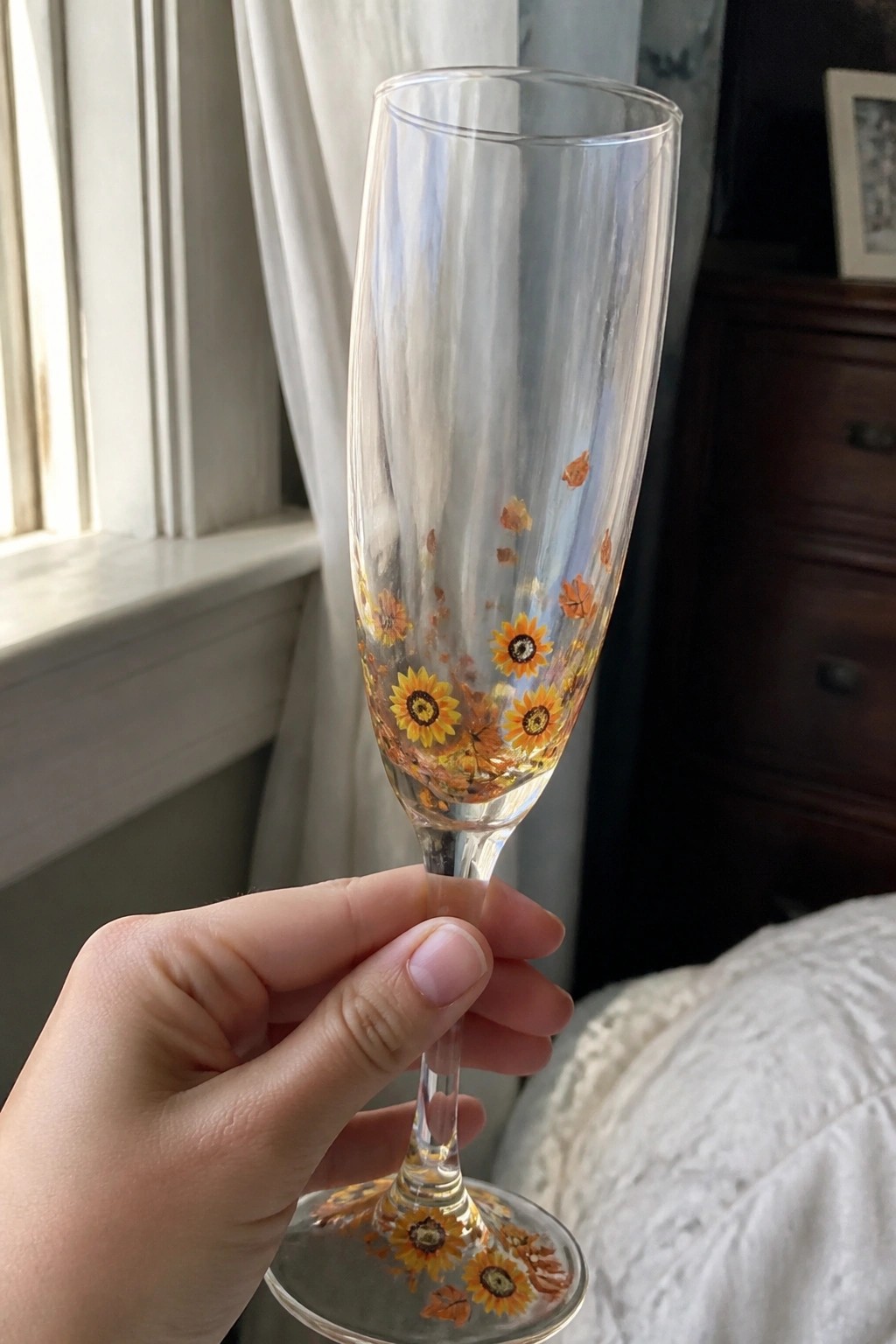 Hand holding a clear champagne flute painted with yellow sunflowers and orange leaves.