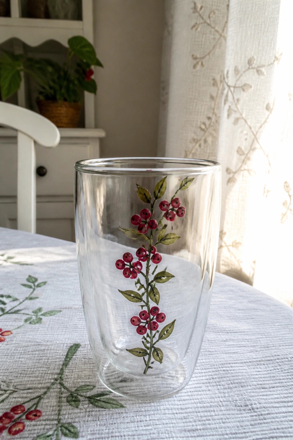 Clear glass tumbler with painted red berries and green leaves on embroidered tablecloth