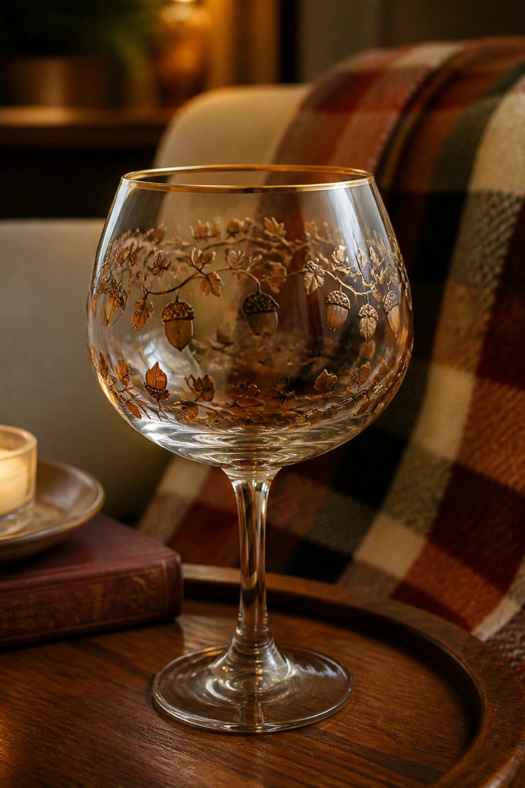 Elegant gold-rimmed wine glass etched with acorns and oak leaves on wooden tray.