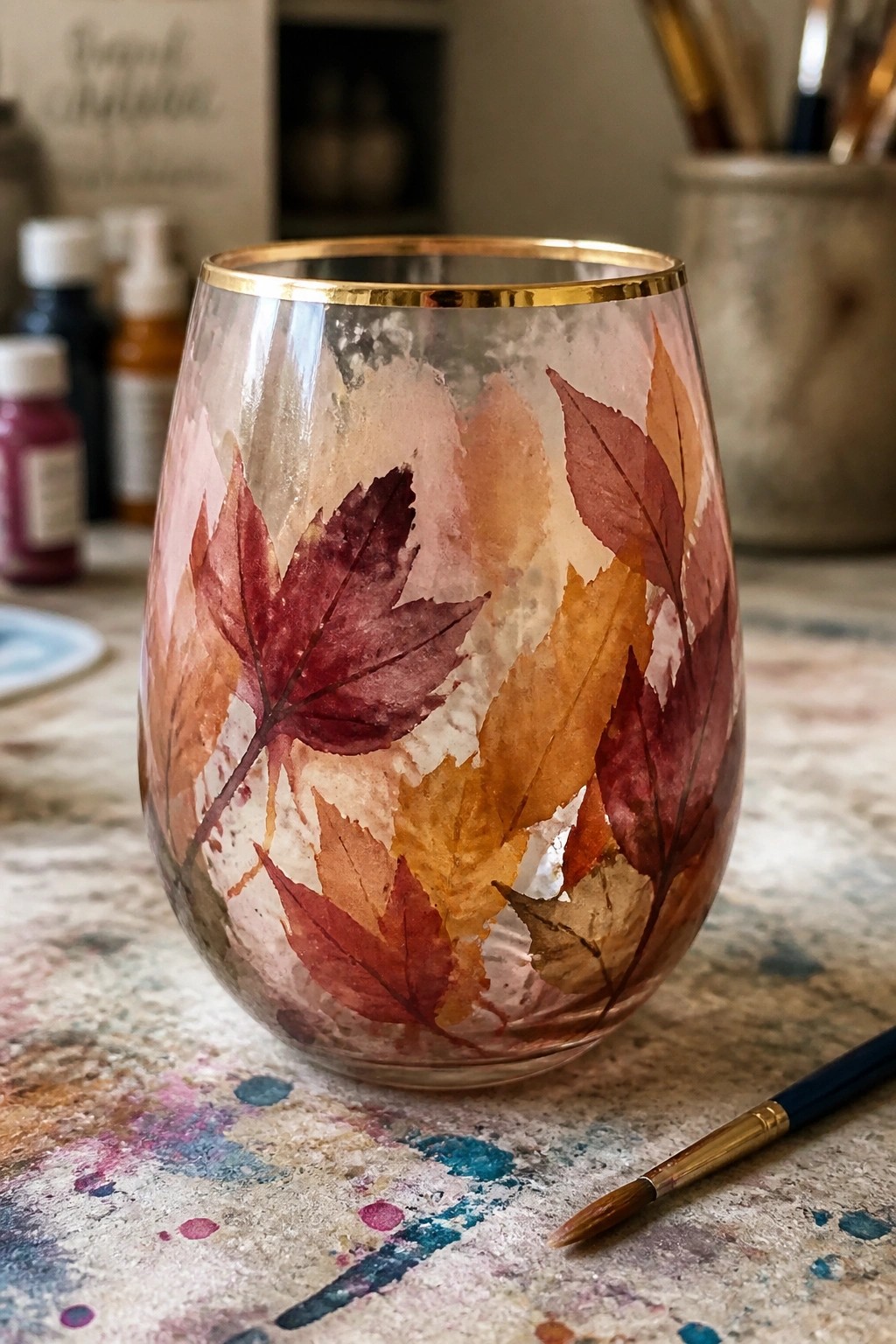 Watercolor autumn leaves adorn gold-rimmed glass on paint-splattered table with brush nearby