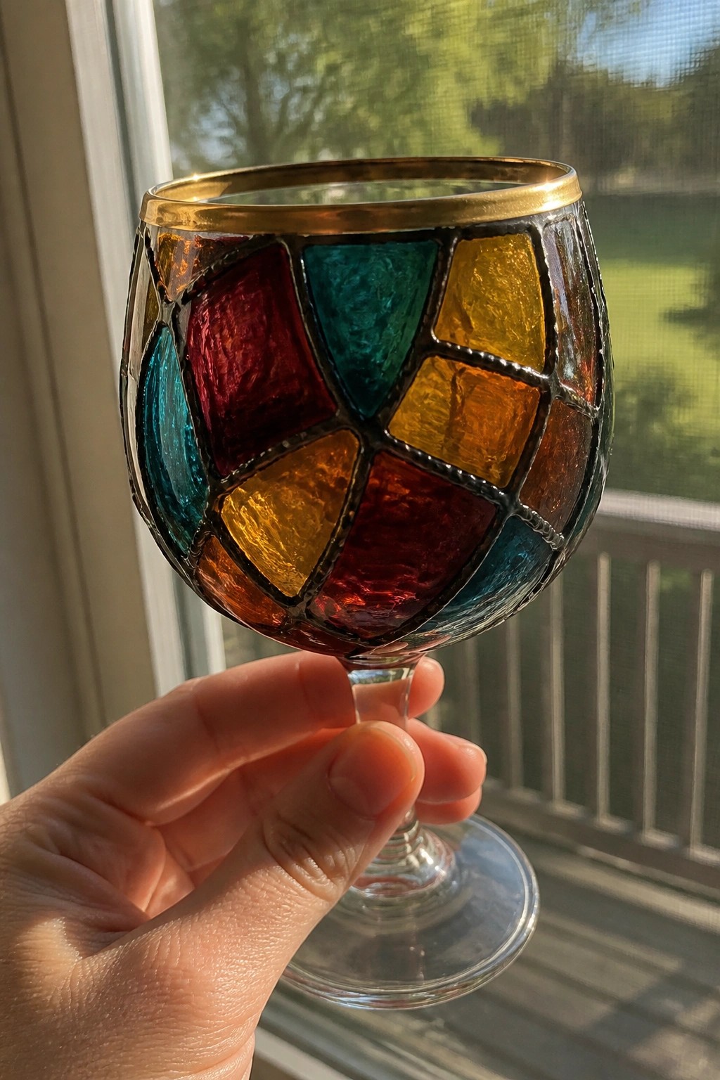 Hand holding vibrant stained-glass goblet with gold rim near window.