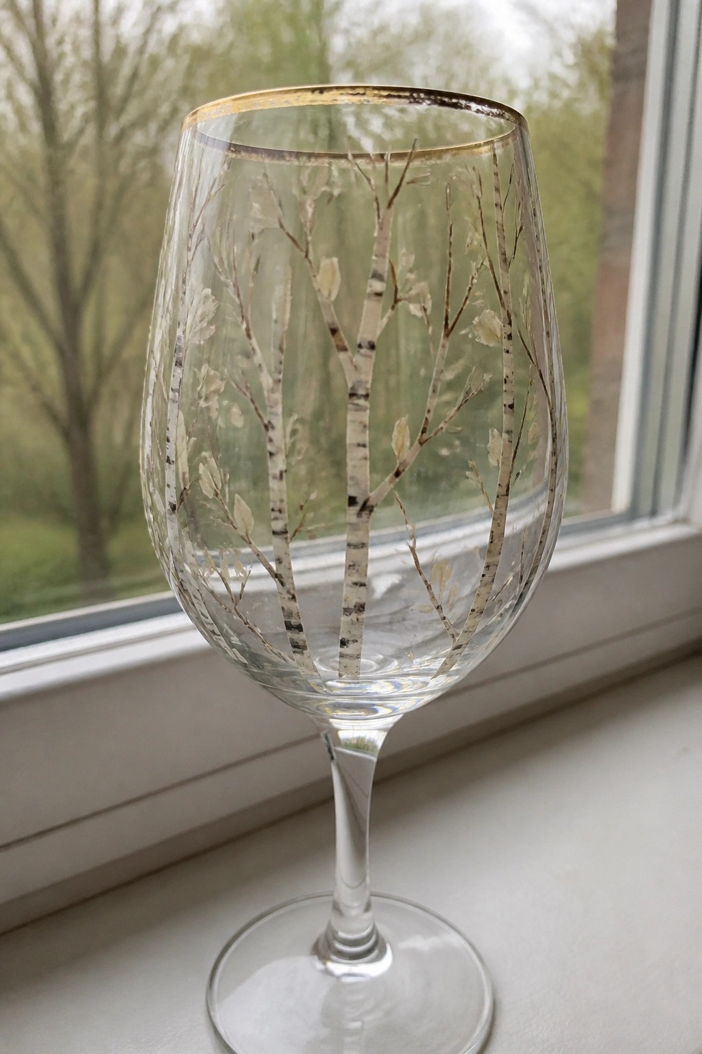 Wine glass with birch tree etching, gold rim, on windowsill overlooking trees
