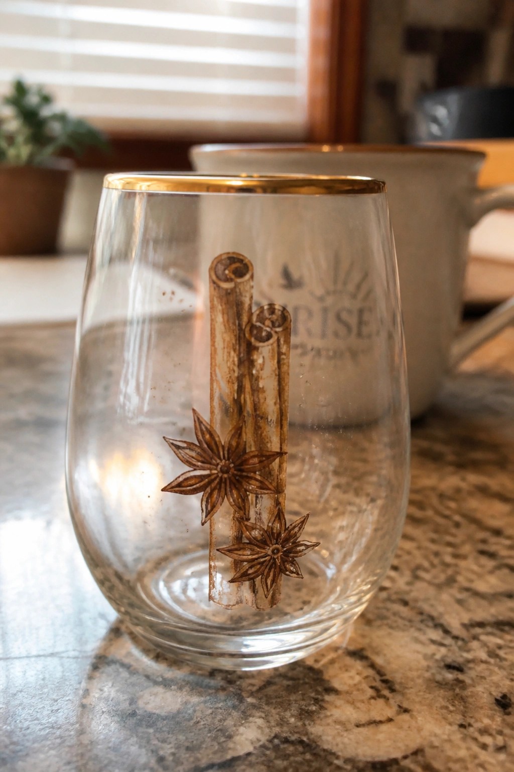 Clear stemless glass with gold rim and cinnamon sticks with star anise design