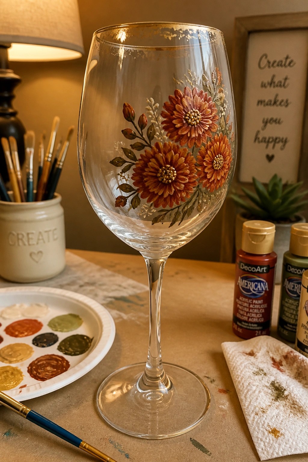 Painted wine glass with orange flowers amid paint palette, bottles, and brushes.