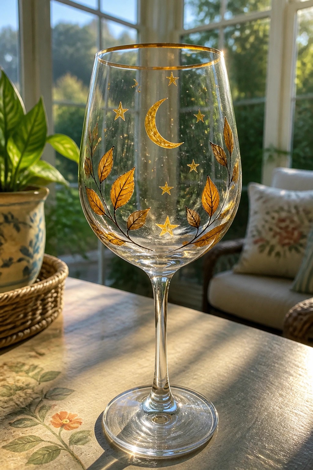 Gold wine glass with crescent moon, stars, and leaf designs on sunlit table.