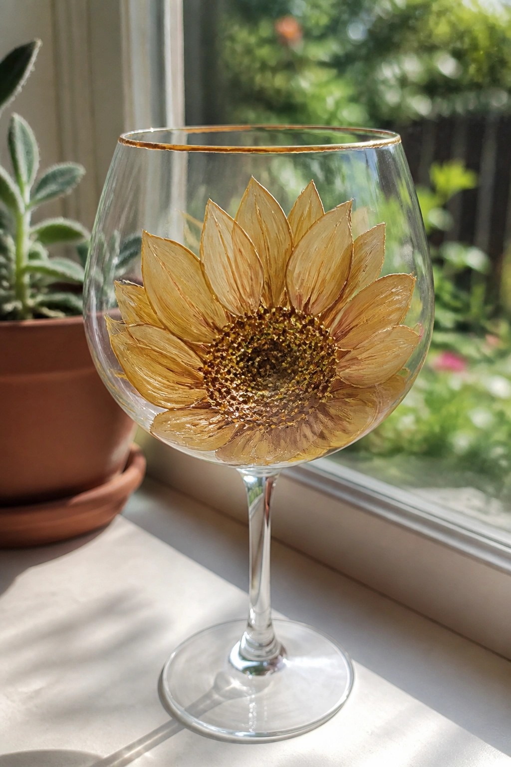 Wine glass with large golden sunflower painting and gold rim on windowsill.