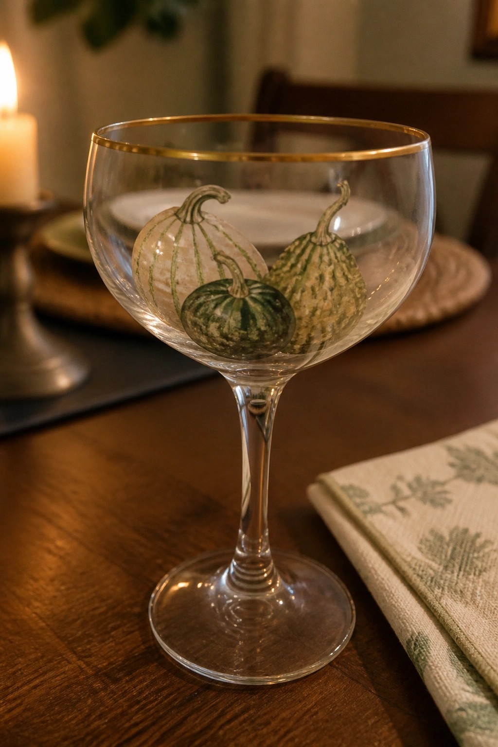 Glass goblet with gold rim and painted green gourds on wooden table