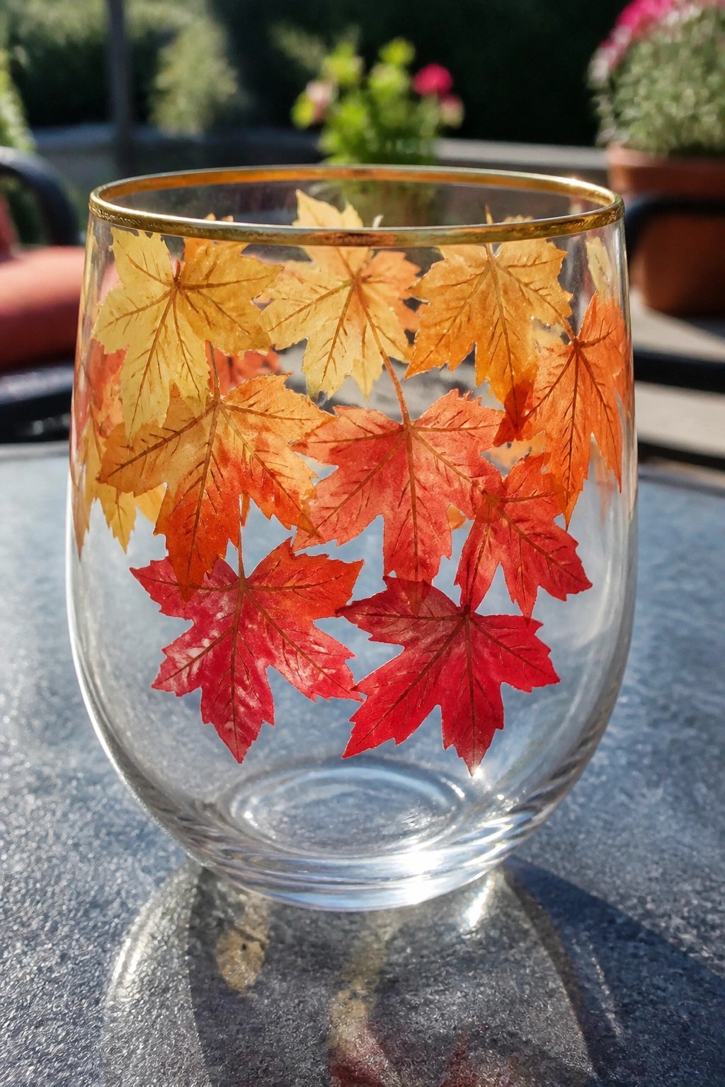Clear glass tumbler with gold rim and autumn maple leaves in yellow orange and red