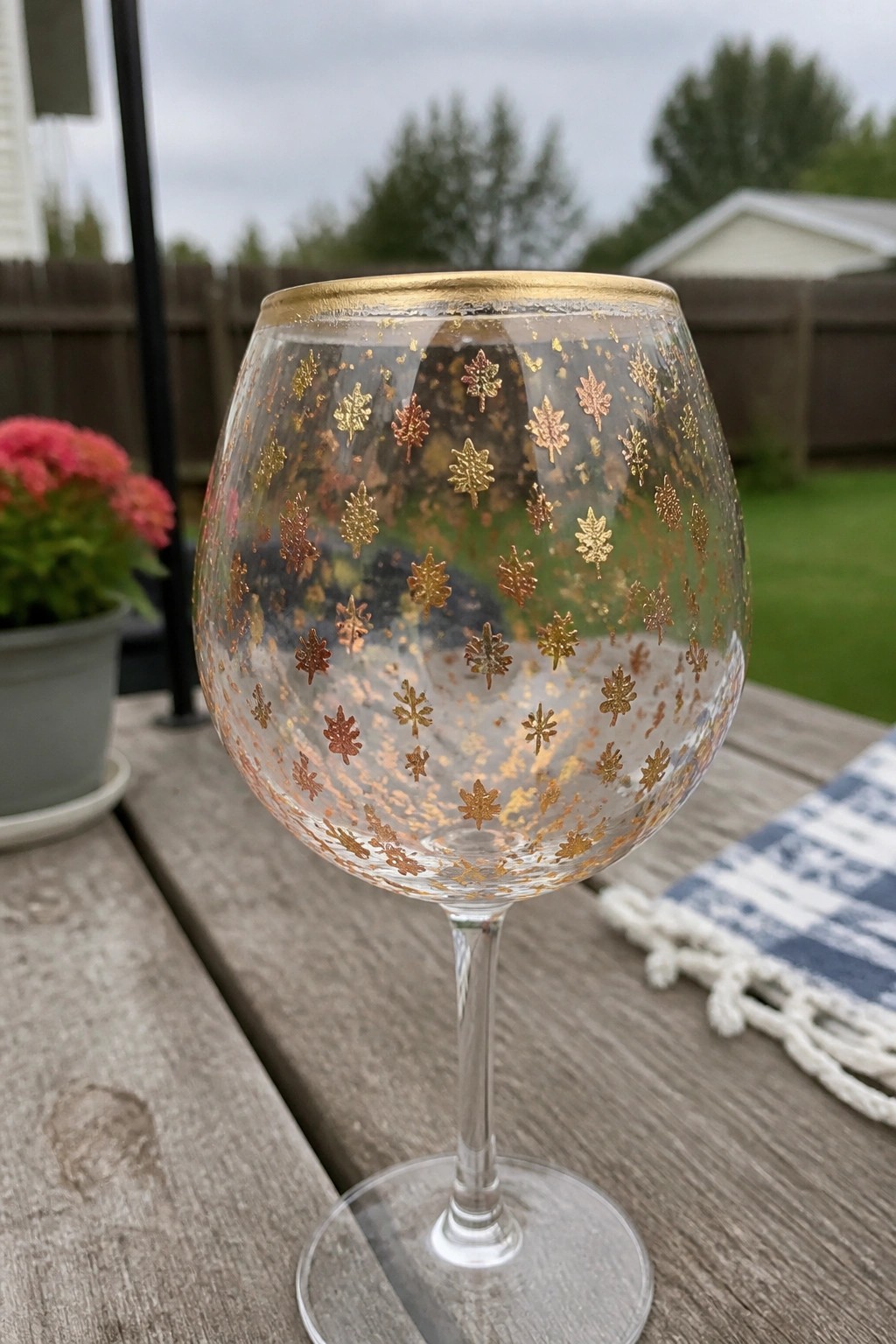 Gold-rimmed wine glass with gold and copper leaf patterns on wooden table