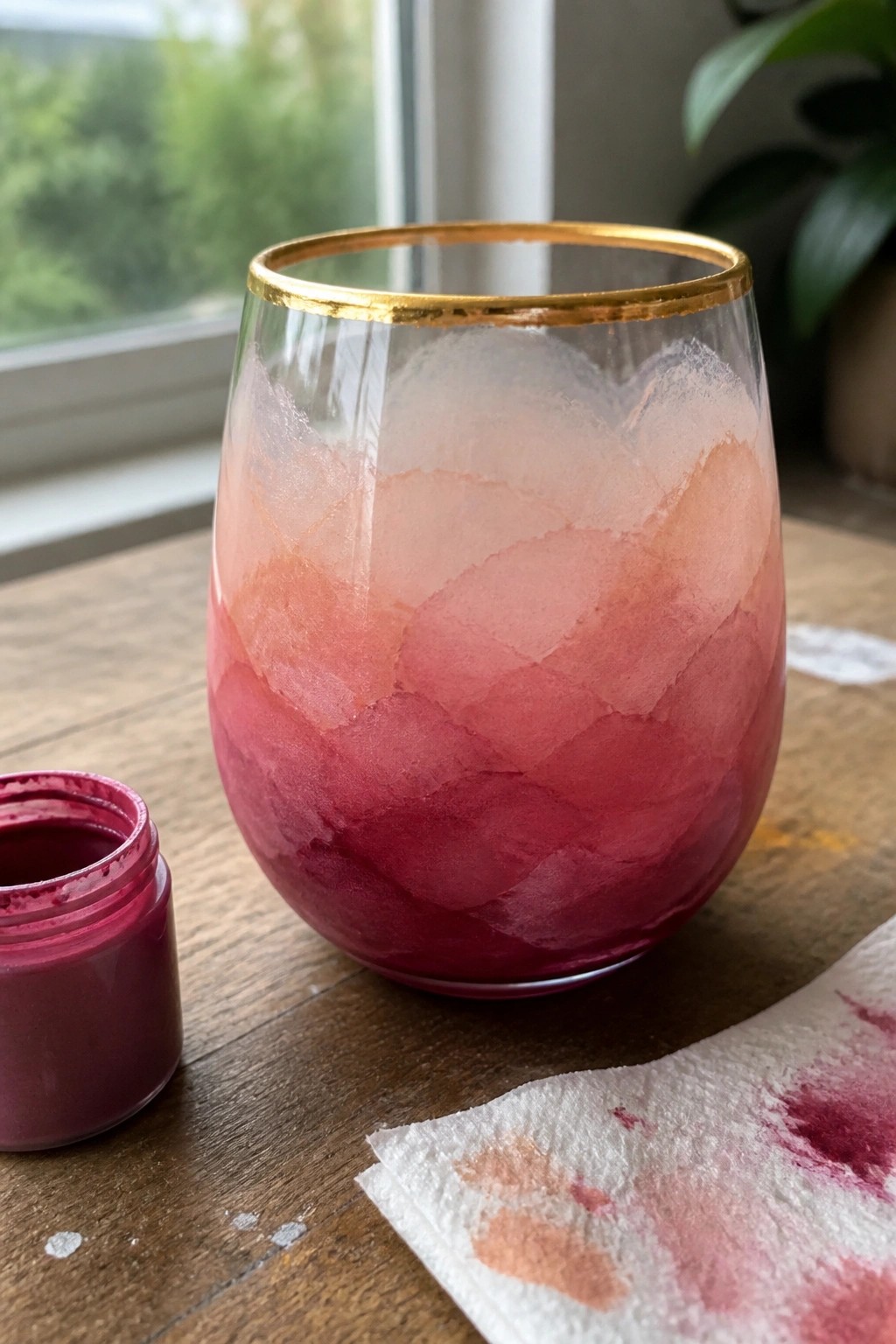 Pink and red watercolor scale-painted glass with gold rim beside paint jar and towel
