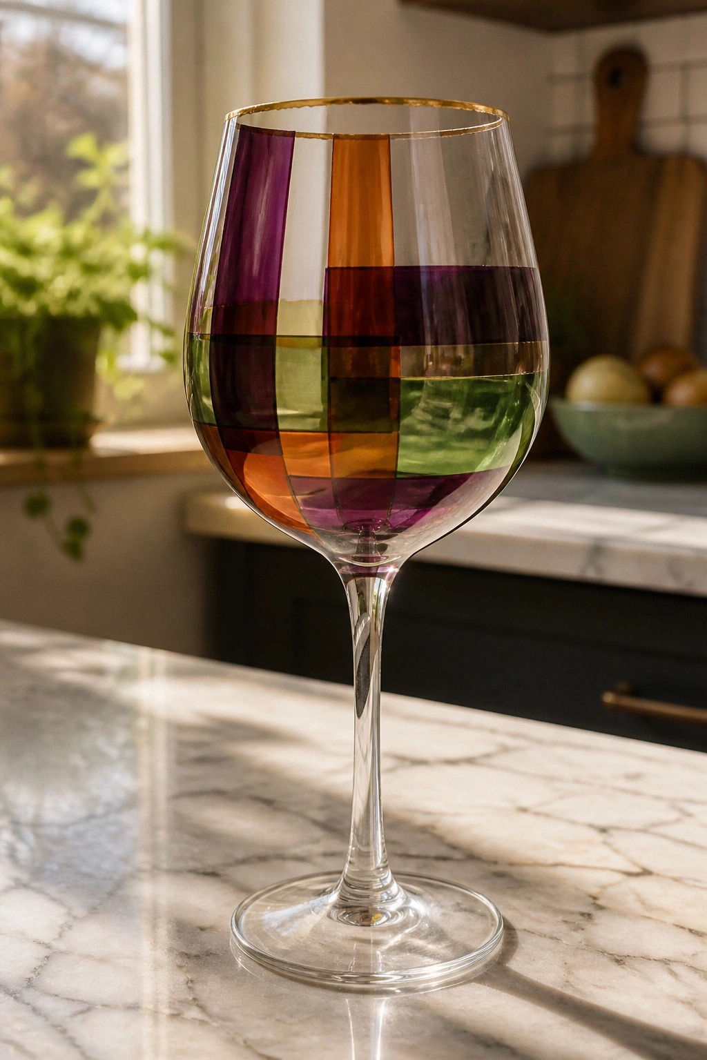 Colorful mosaic wine glass with gold rim partially filled on marble counter
