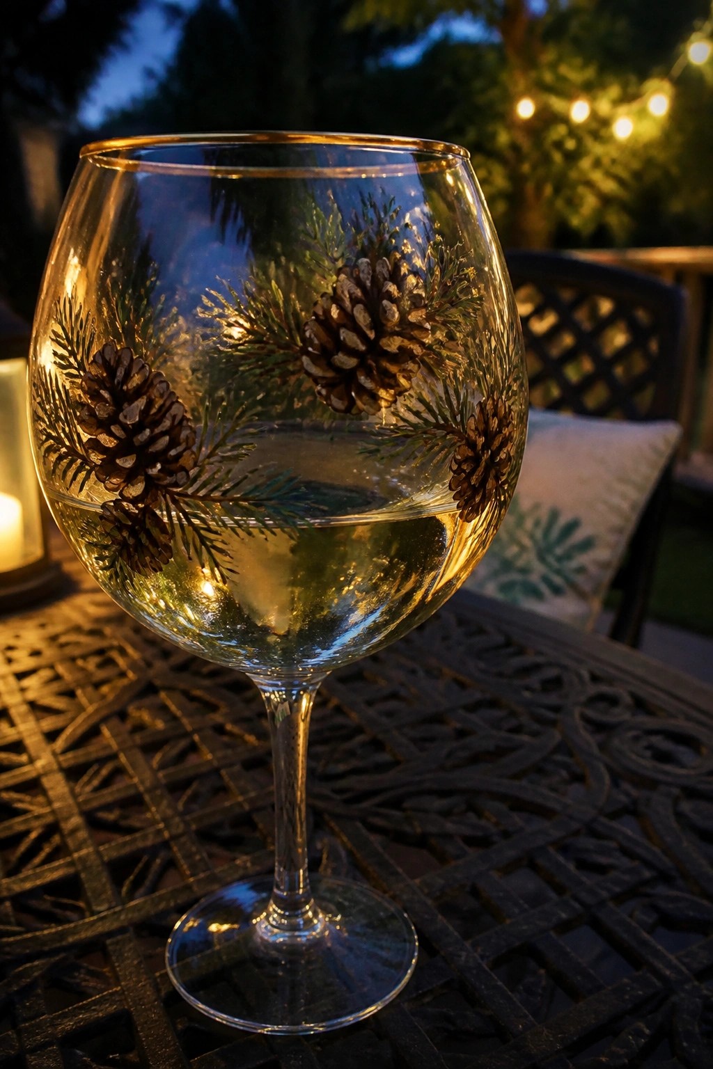 Pinecone-decorated wine glass with pale liquid on ornate metal patio table at dusk