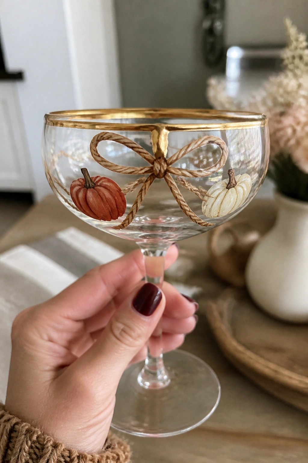 Hand with maroon nails holding pumpkin-decorated coupe glass with gold rim and bow