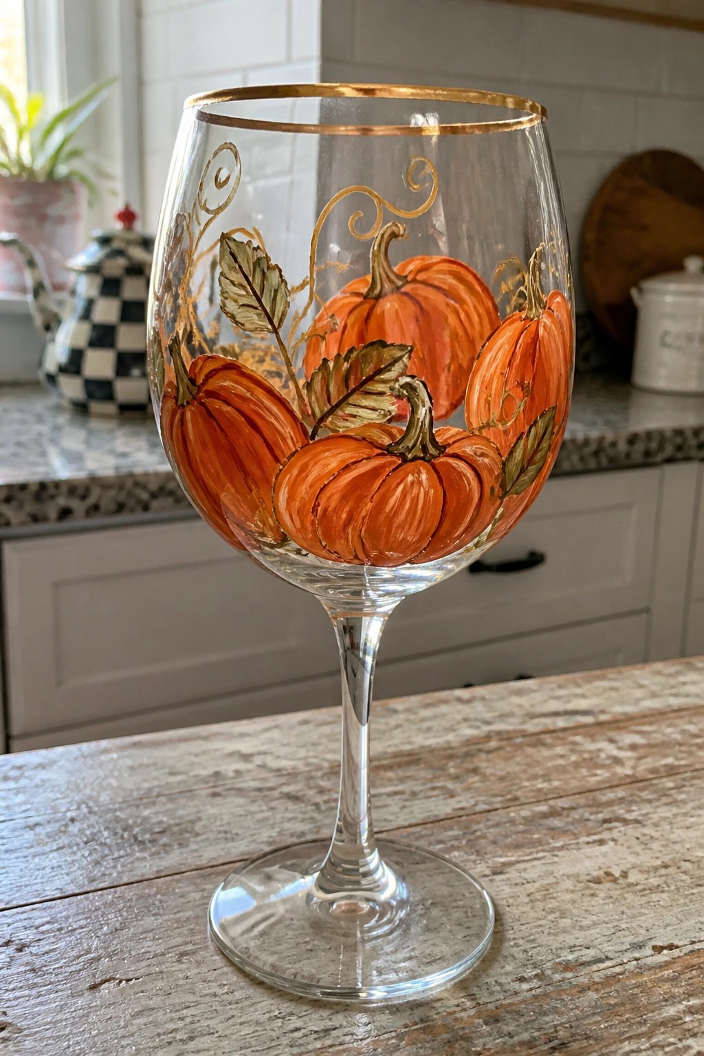 Wine glass hand-painted with orange pumpkins, leaves, and gold swirls on wood table