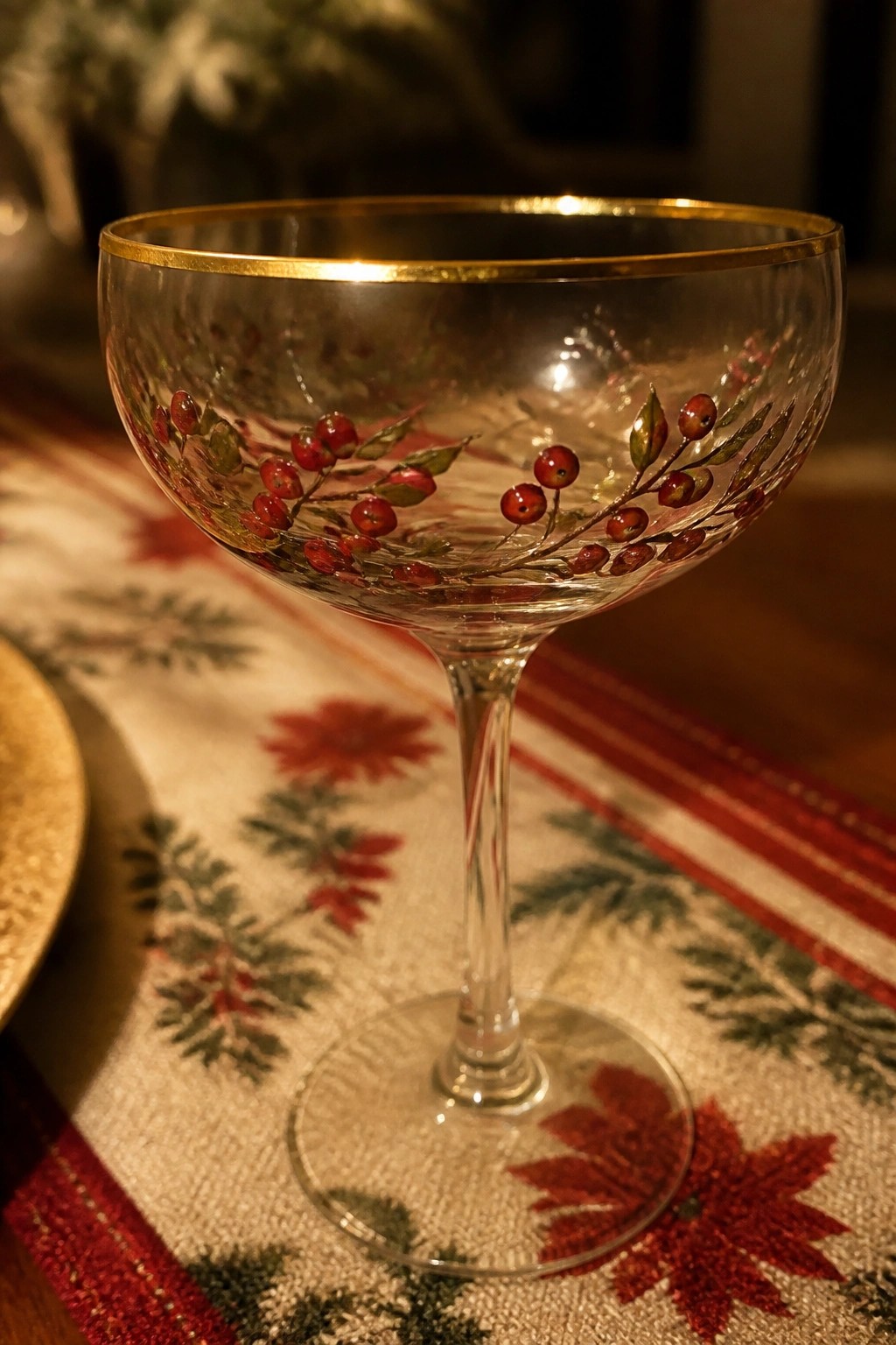 Crystal coupe glass with gold rim and red berry leaf design on festive runner