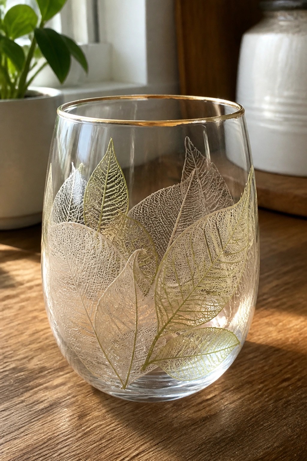 Clear glass tumbler with gold rim and translucent etched leaf designs on wood.