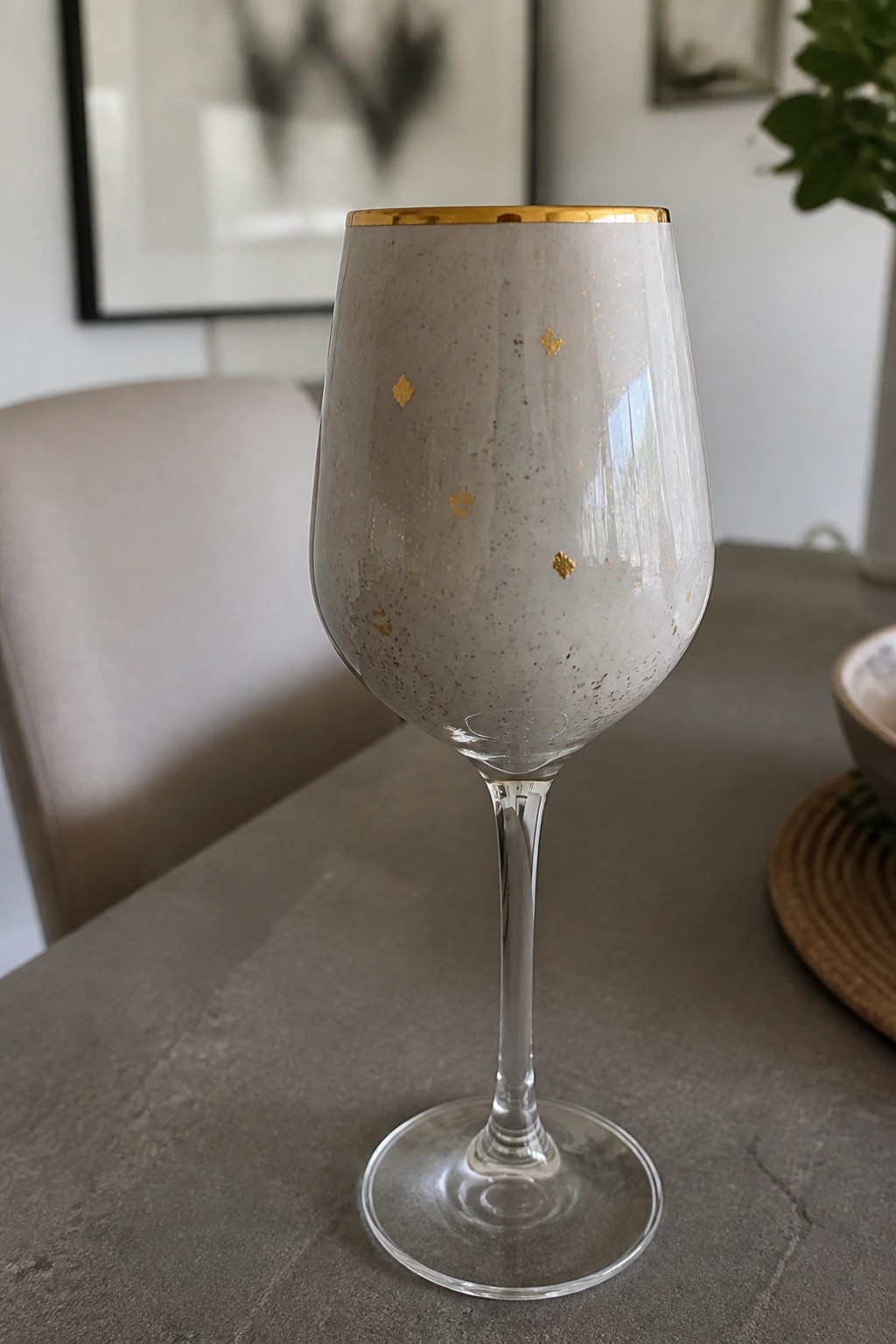 A wine glass with a speckled light beige painted bowl, scattered small gold diamonds, and a gold rim, on a gray table.