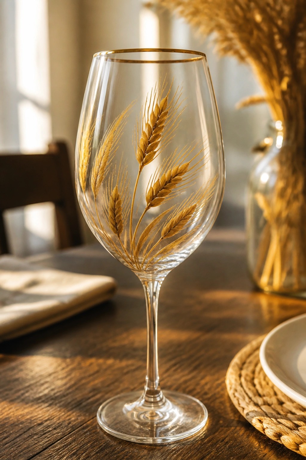 Wine glass with golden wheat stalks and rim on wooden table.