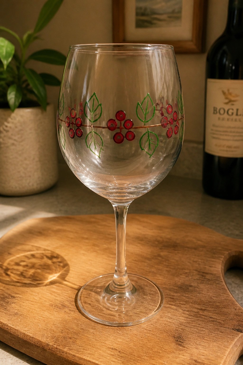Wine glass decorated with red berries and green leaves on wooden board.
