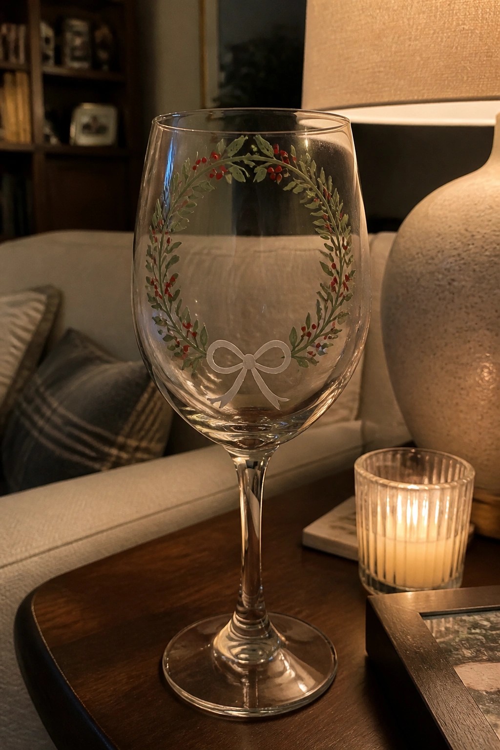 Wine glass etched with green wreath, red berries, and white bow beside lit candle