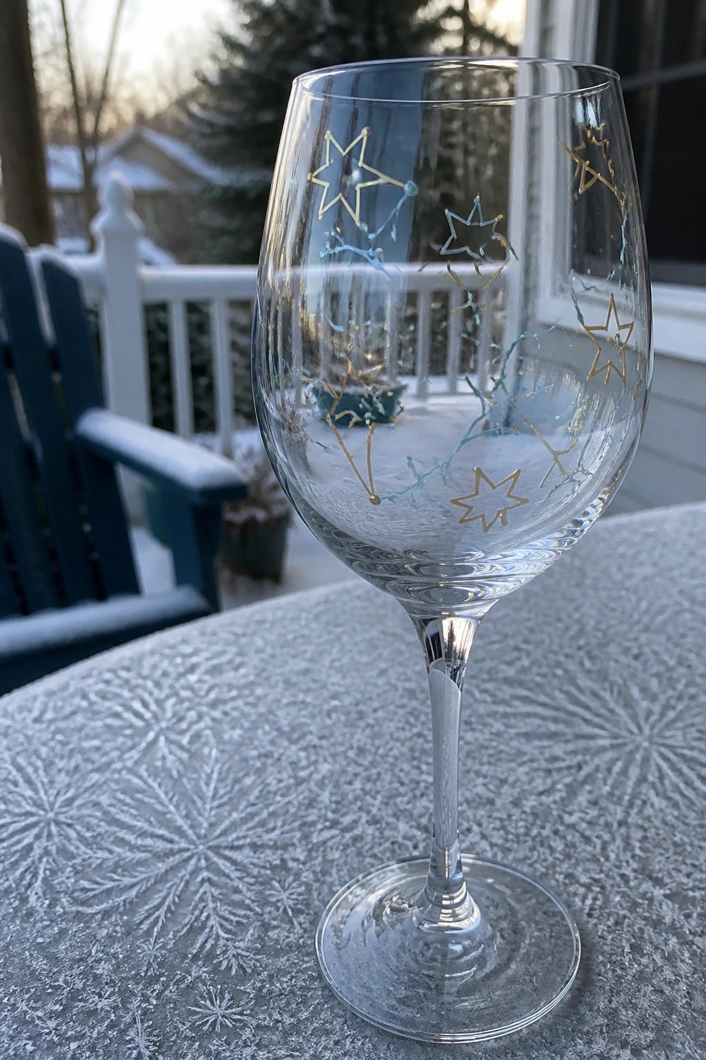 Wine glass with gold and blue constellation designs on snow-covered table