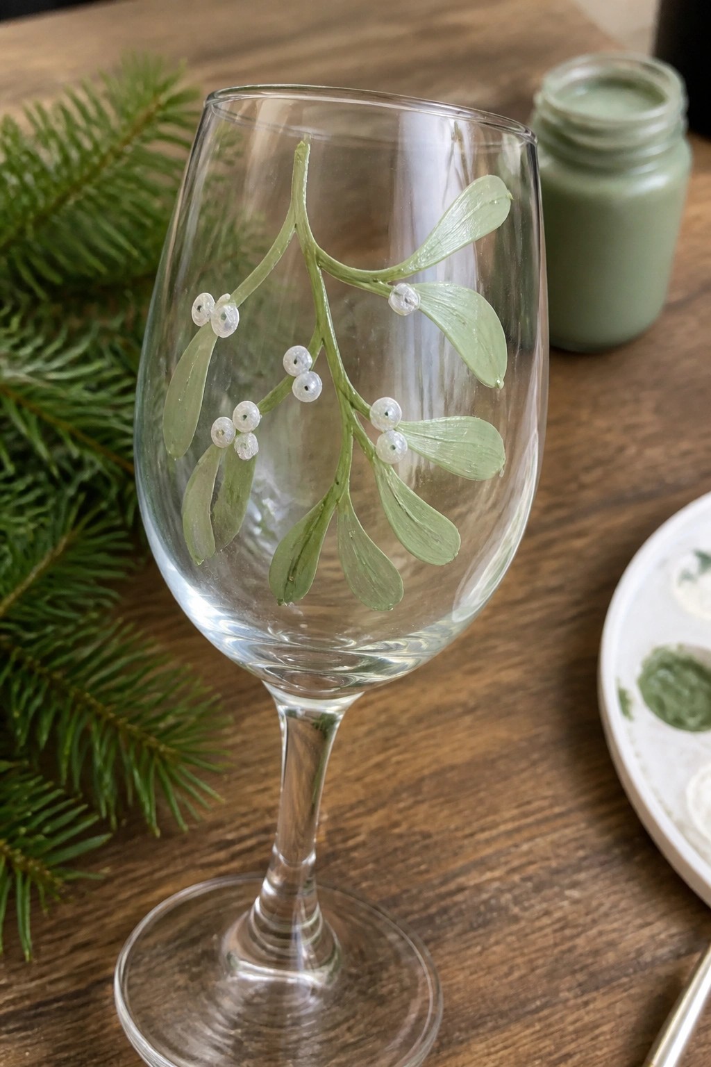Painted wine glass with green mistletoe leaves and white berries on wooden table