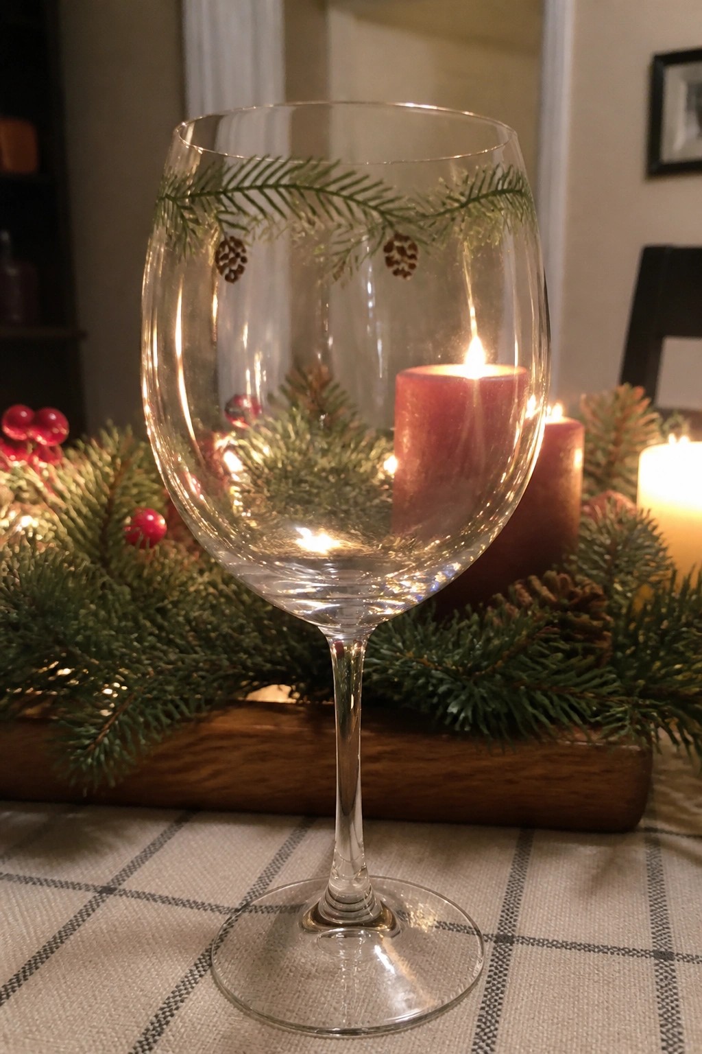 Decorated wine glass on checkered cloth with lit candles, pine boughs and red berries.