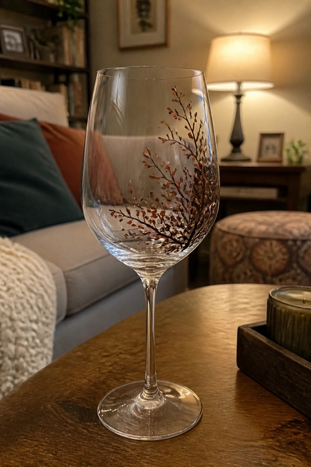 Clear wine glass with copper branch design on wooden living room table.