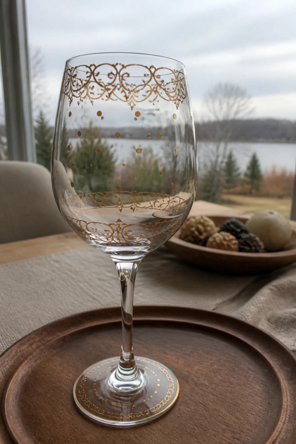 Elegant gold-embellished wine glass on wooden tray with lake view background.