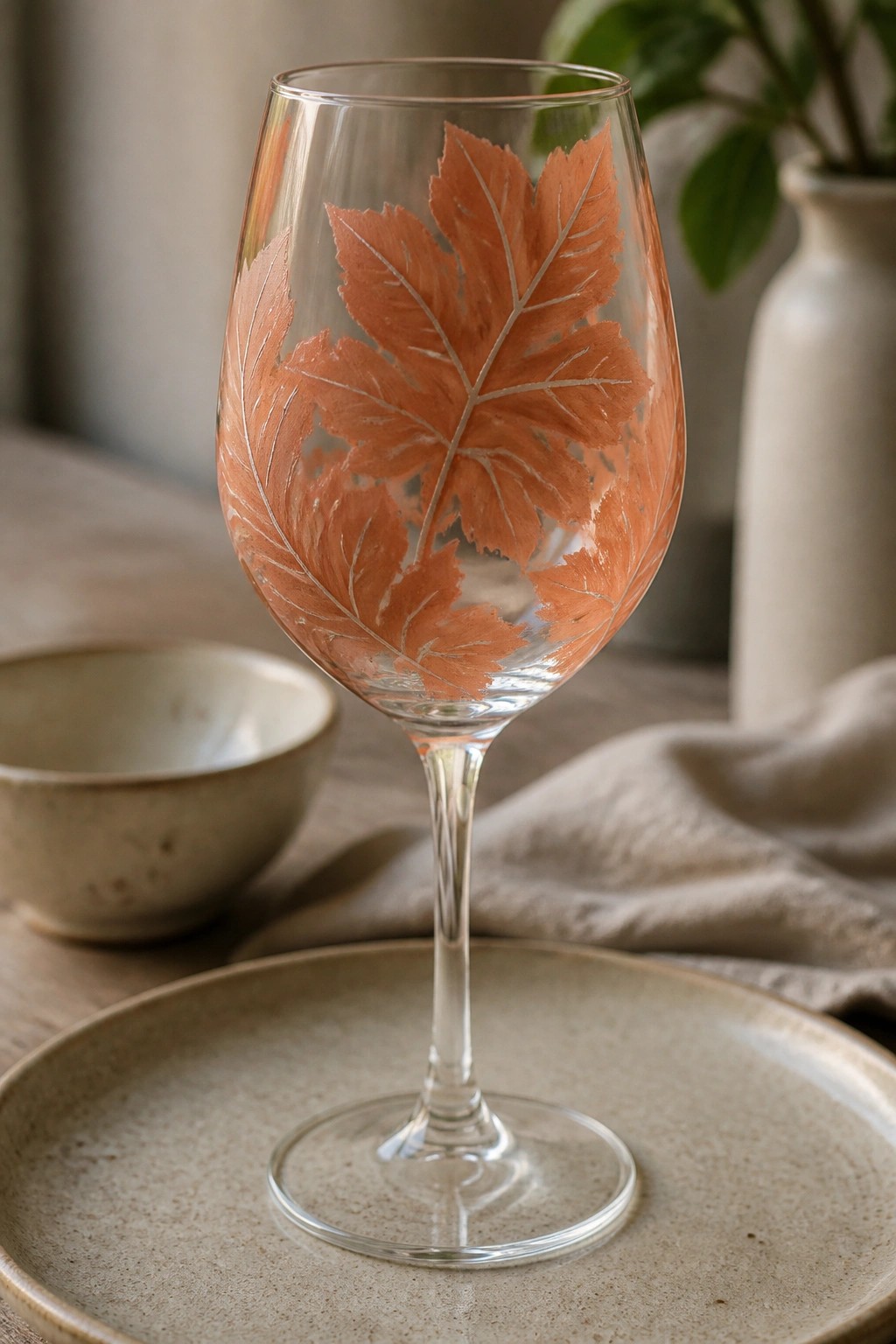 Wine glass with orange leaf designs on beige ceramic plate with bowl nearby