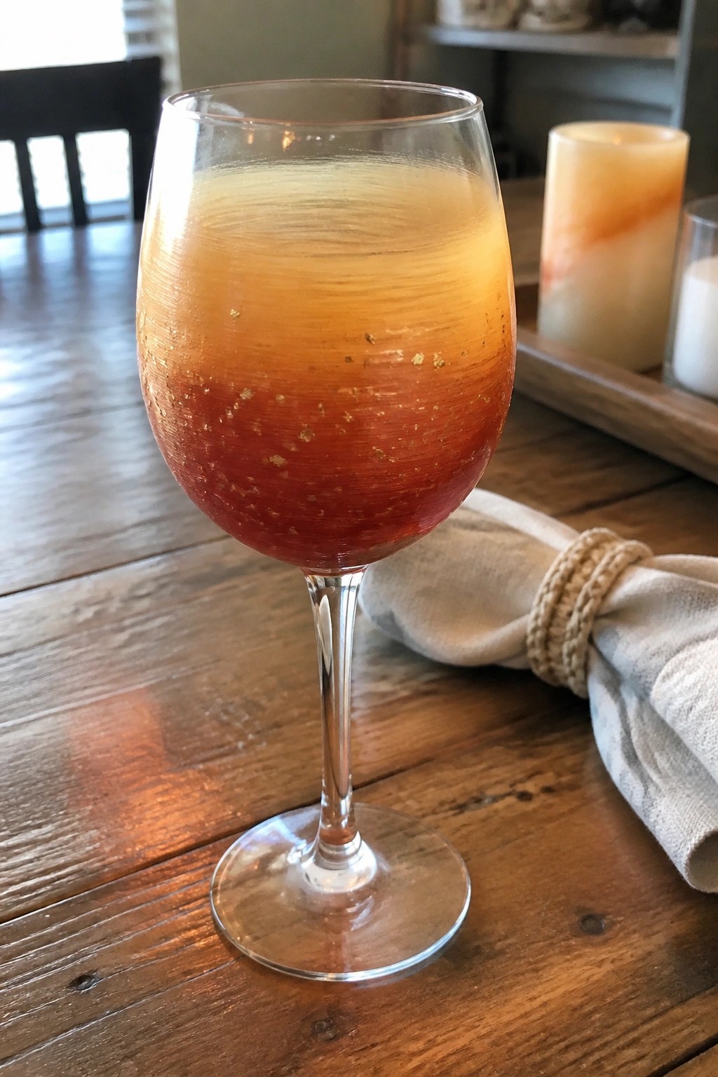 Gold-flecked wine glass with red-orange gradient drink on wooden table