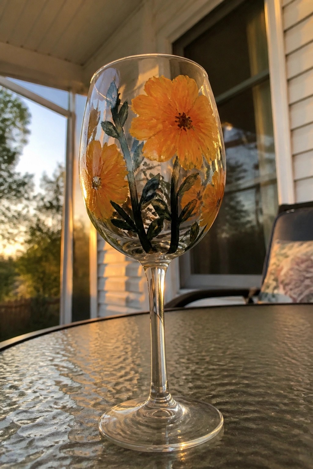 Stemmed wine glass with orange flower paintings on textured outdoor table at sunset