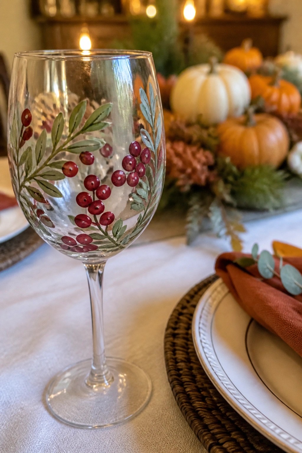 Painted wine glass with red berries and green leaves on autumn table setting