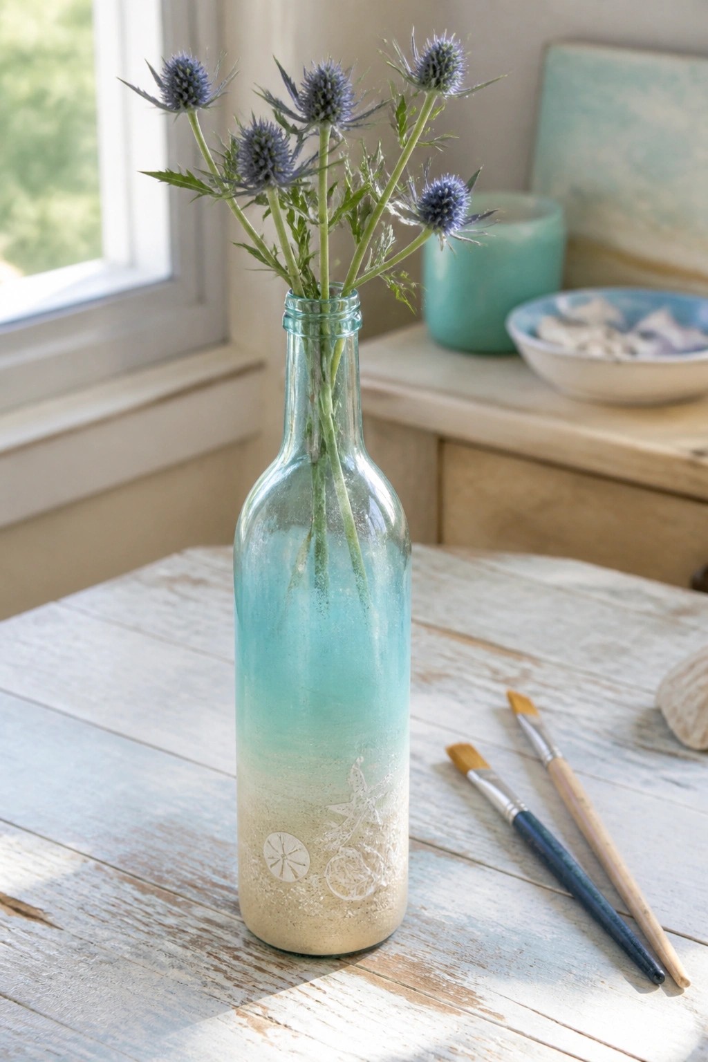 Turquoise ombre bottle with sand stencils holding blue thistles beside paintbrushes on table
