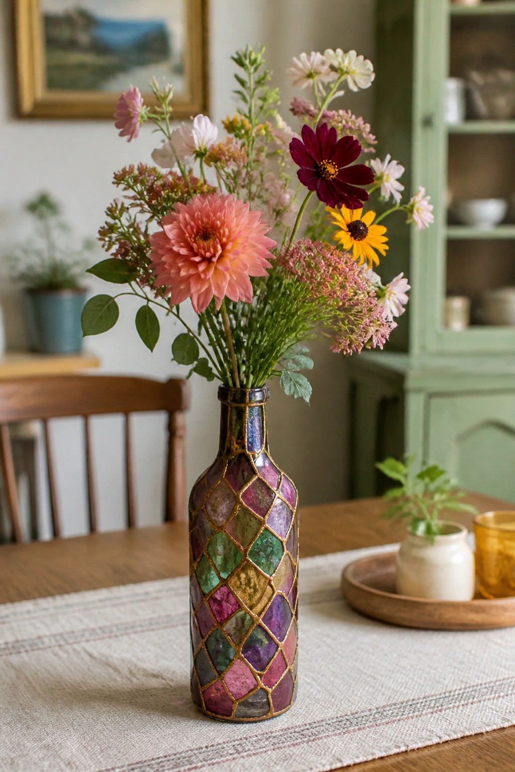 Colorful mosaic bottle vase holding pink dahlias and assorted wildflowers on wooden table