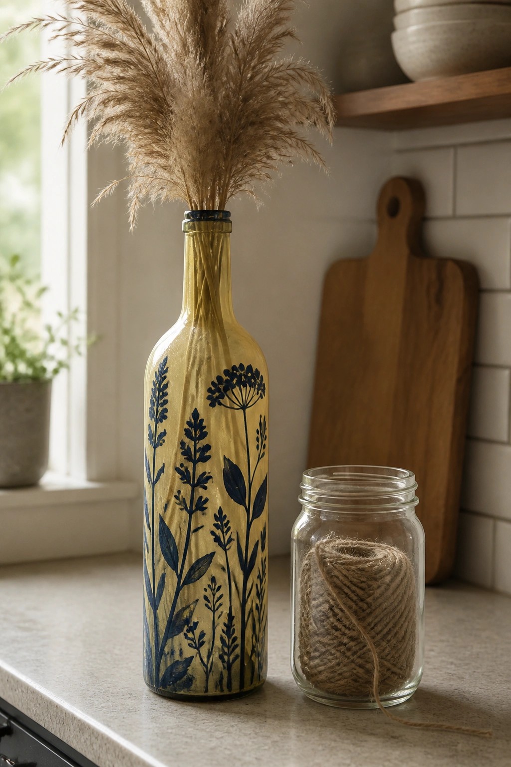 Yellow bottle with blue plant designs holding dried grass beside twine jar on counter