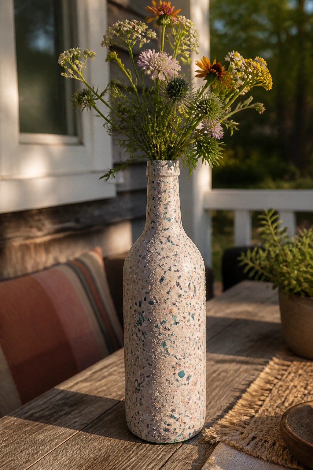 Speckled painted bottle vase with wildflowers on sunlit wooden porch table