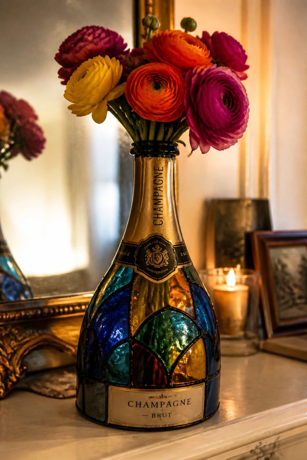 A champagne bottle painted with multicolored stained-glass style panels holding colorful flowers, sitting on a white surface next to a lit candle.