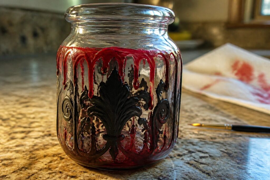 24 Gothic Halloween Glass Painting Ideas in Black and Deep Red Ornate black-patterned glass jar with red drips beside paintbrush on counter