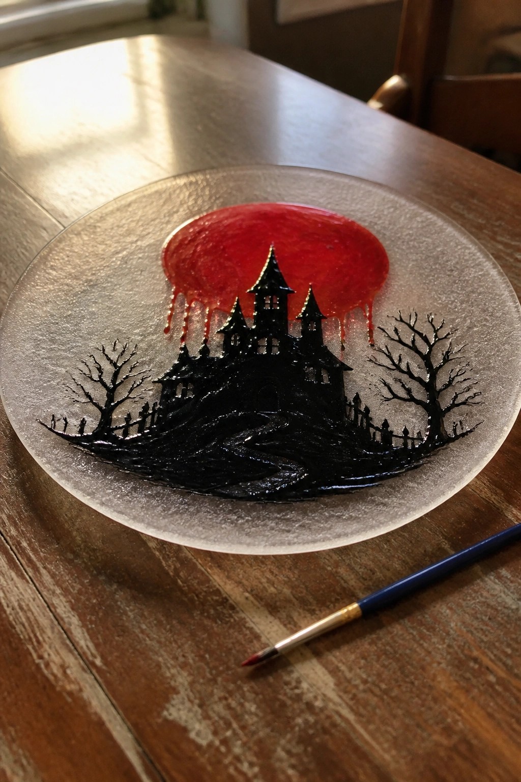 Painted glass plate with black haunted castle, bare trees, red dripping moon, and paintbrush