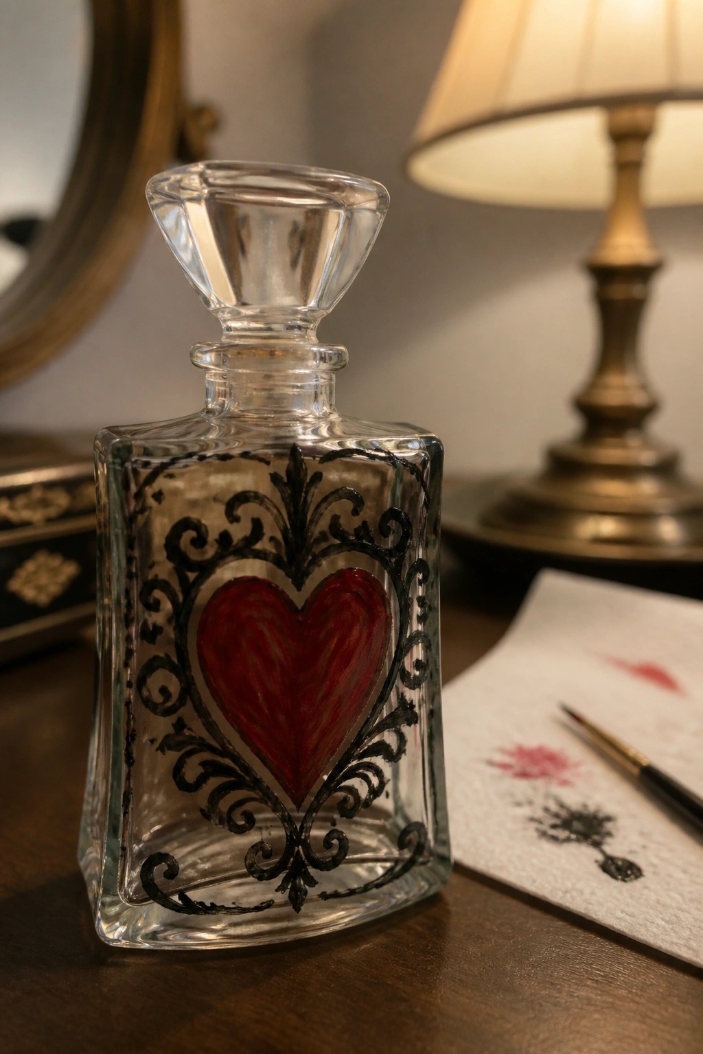 Clear glass decanter with red heart and black ornate swirls beside lamp and paints