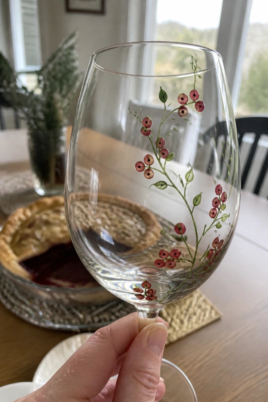 Hand holding berry-painted wine glass above a lattice-top pie on table