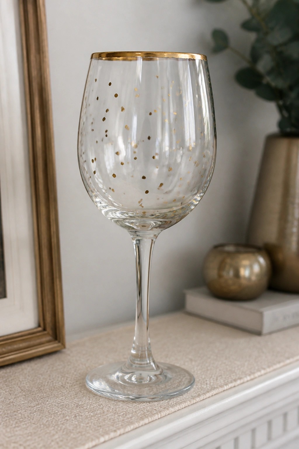 Gold-rimmed wine glass with scattered gold dots on light textured surface.