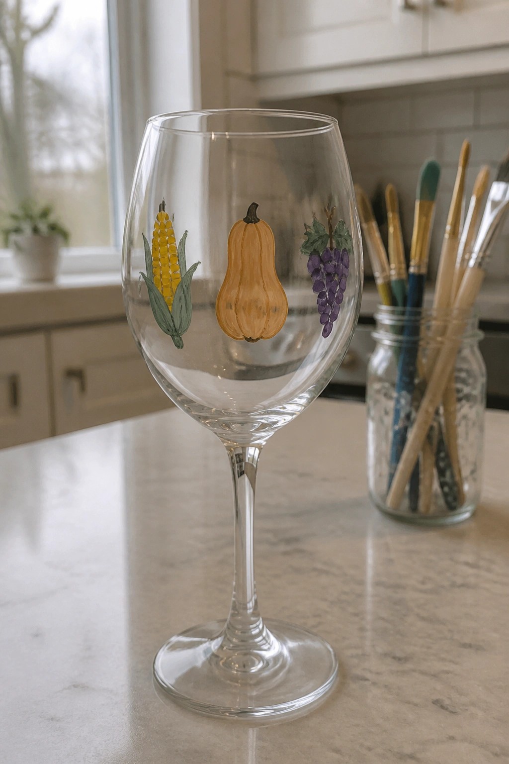 Painted wine glass with corn, squash, and grapes on marble kitchen counter
