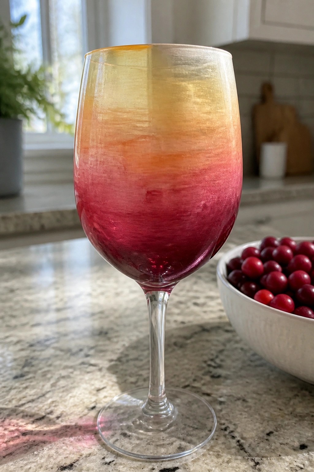 Gradient painted wine glass with orange to red hues beside bowl of cranberries