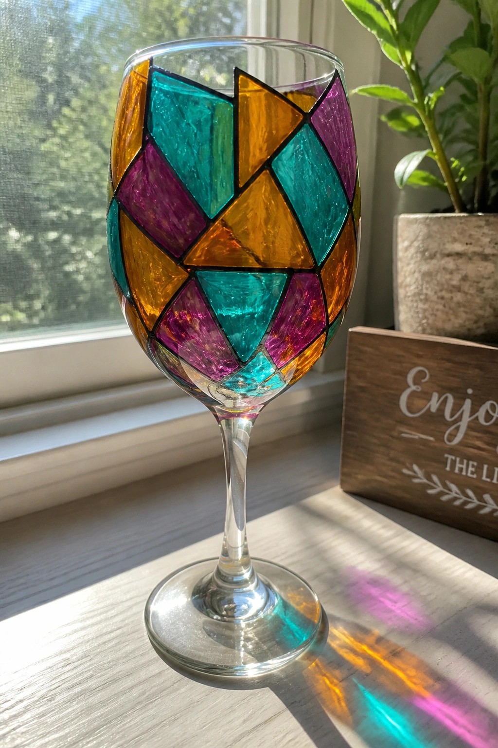 Stained-glass wine glass on windowsill casting colorful sunlight reflections beside potted plant.