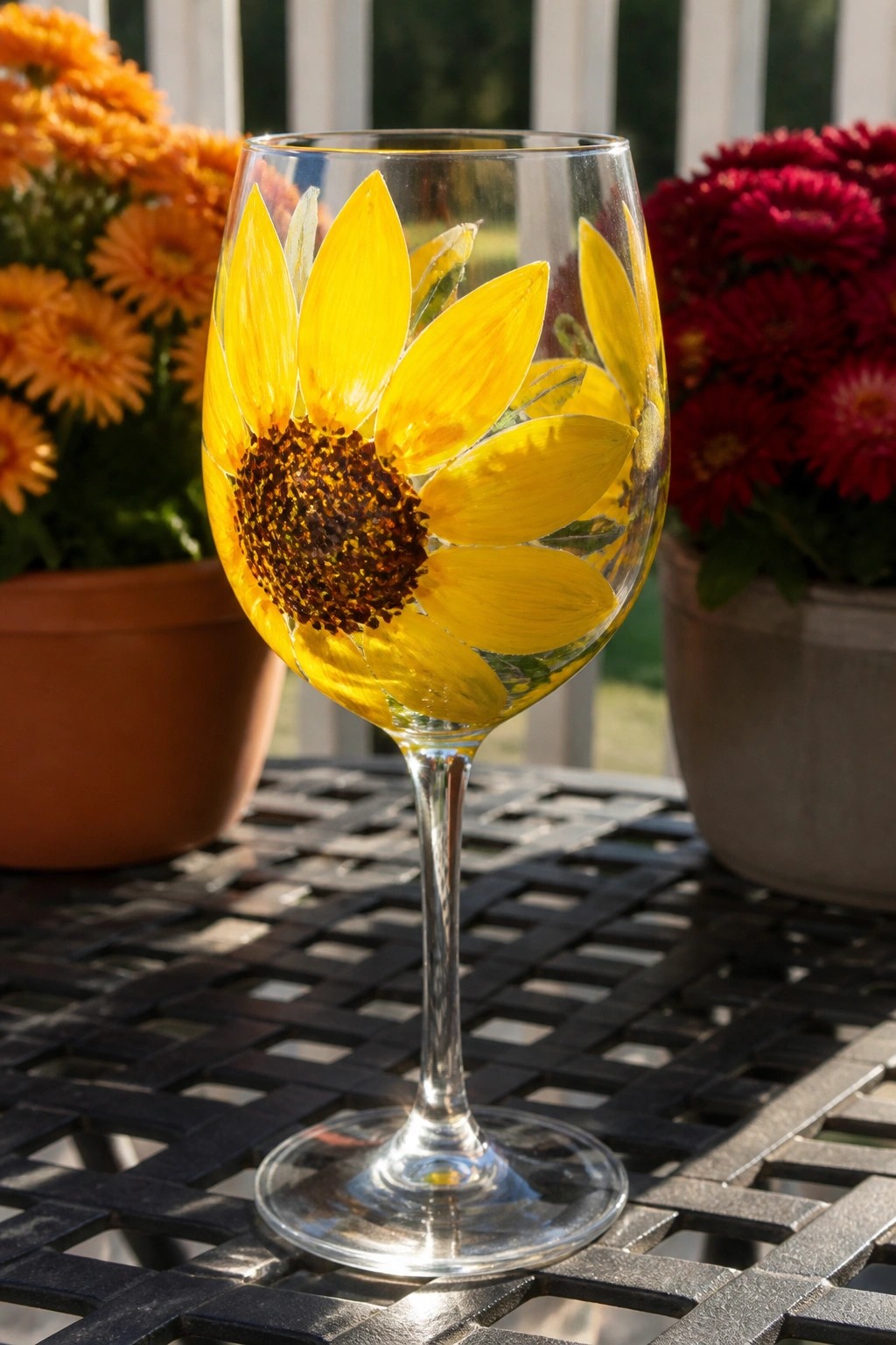 Sunflower-painted wine glass on black metal table with potted orange and red flowers behind