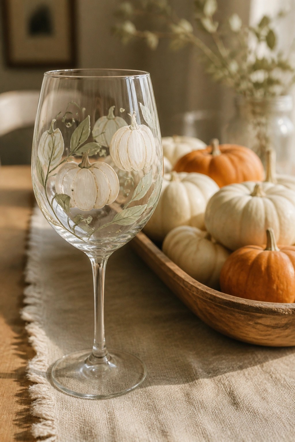 Wine glass with white pumpkin illustrations beside wooden bowl of pumpkins