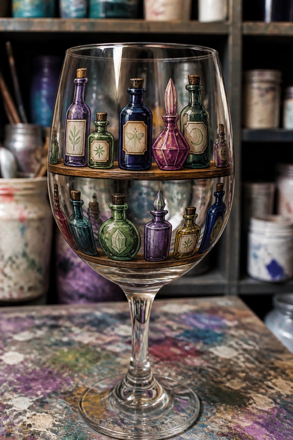 Wine glass with interior wooden shelves displaying colorful miniature potion bottles with labels