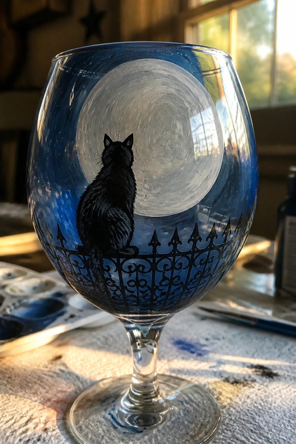Wine glass painted with black cat on fence gazing at full moon in blue sky.